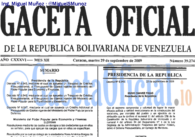 Gaceta Oficial 39274 del 29 Septiembre 2009