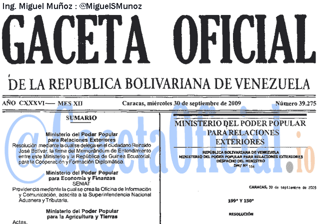 Gaceta Oficial 39275 del 30 Septiembre 2009