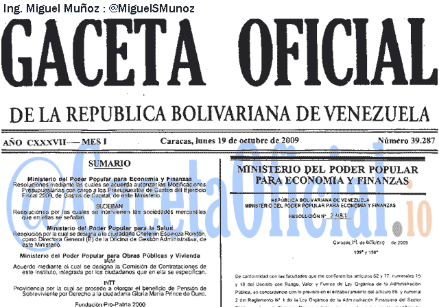 Gaceta Oficial 39287 del 19 Octubre 2009