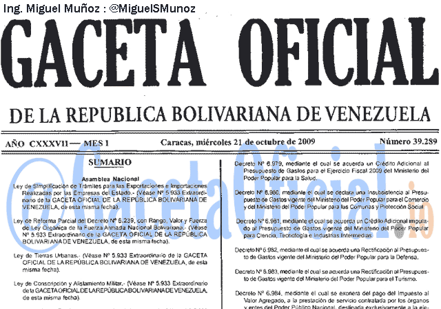 Gaceta Oficial 39289 del 21 Octubre 2009
