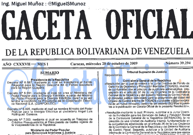 Gaceta Oficial 39294 del 28 Octubre 2009