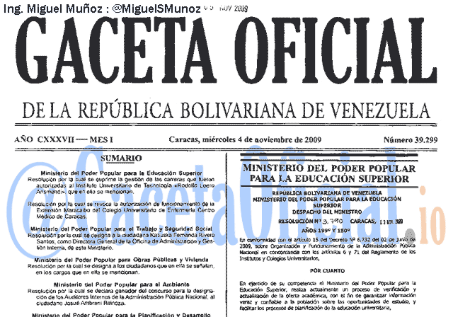 Gaceta Oficial 39299 del 4 Noviembre 2009