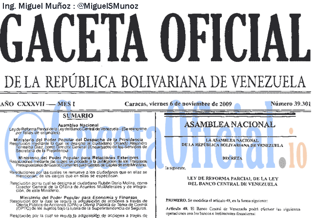 Gaceta Oficial 39301 del 6 Noviembre 2009