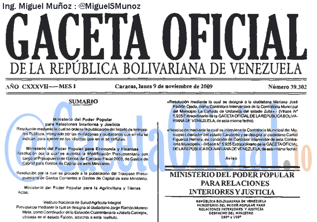 Gaceta Oficial 39302 del 9 Noviembre 2009