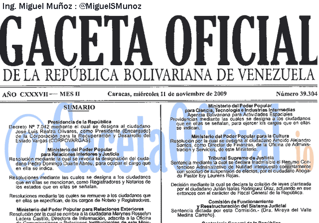 Gaceta Oficial 39304 del 11 Noviembre 2009