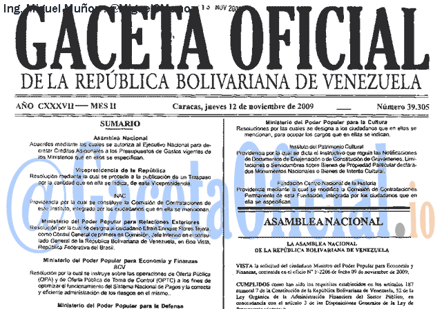 Gaceta Oficial 39305 del 12 Noviembre 2009