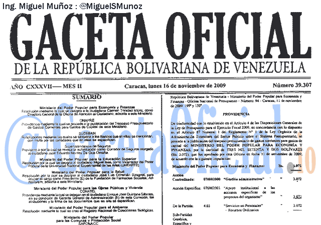Gaceta Oficial 39307 del 16 Noviembre 2009