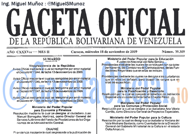 Gaceta Oficial 39309 del 18 Noviembre 2009