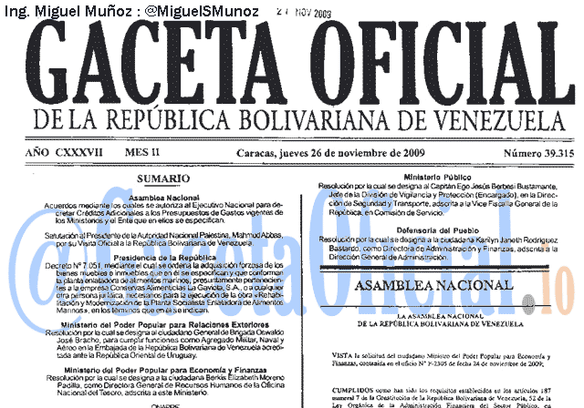 Gaceta Oficial 39315 del 26 Noviembre 2009