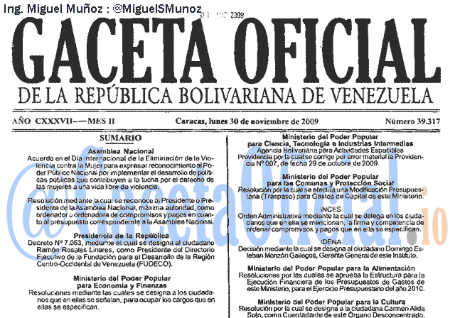 Gaceta Oficial 39317 del 30 Noviembre 2009