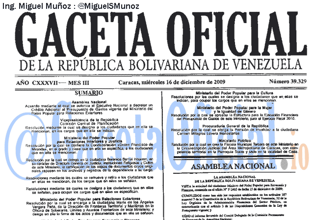 Gaceta Oficial 39329 del 16 Diciembre 2009