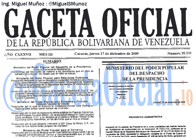 Gaceta Oficial 39330 del 17 Diciembre 2009