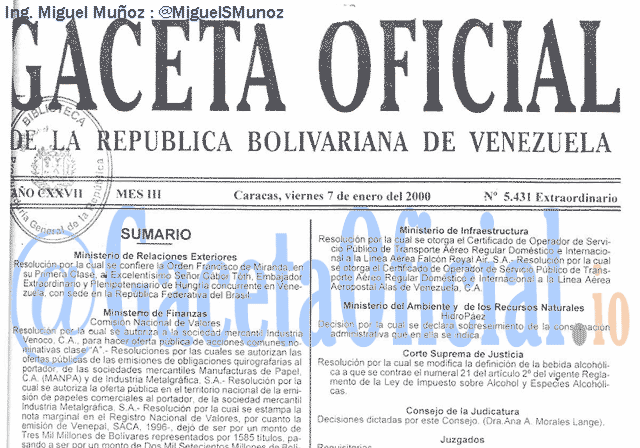 Gaceta Oficial 5431 del 7 Enero 2000