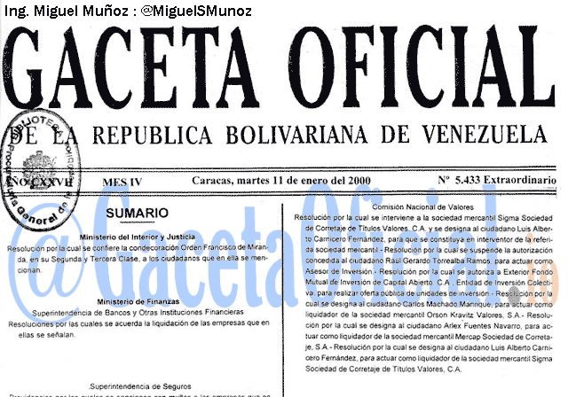 Gaceta Oficial 5433 del 11 Enero 2000