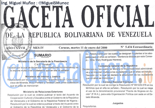 Gaceta Oficial 5434 del 11 Enero 2000