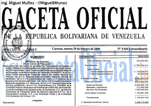 Gaceta Oficial 5444 del 29 Febrero 2000