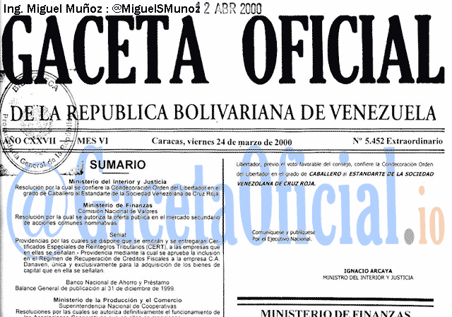 Gaceta Oficial 5452 del 24 Marzo 2000