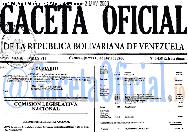 Gaceta Oficial 5458 del 13 Abril 2000