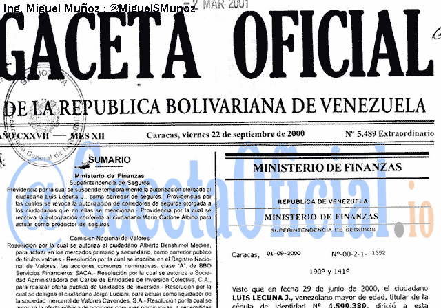 Gaceta Oficial 5489 del 22 Septiembre 2000