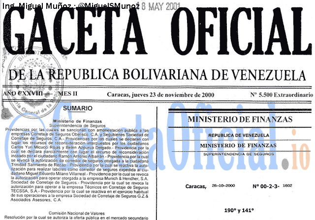 Gaceta Oficial 5500 del 23 Noviembre 2000