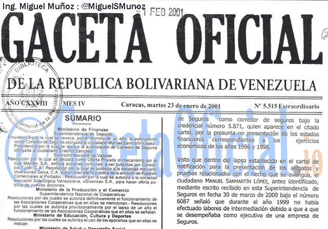 Gaceta Oficial 5515 del 23 Enero 2001