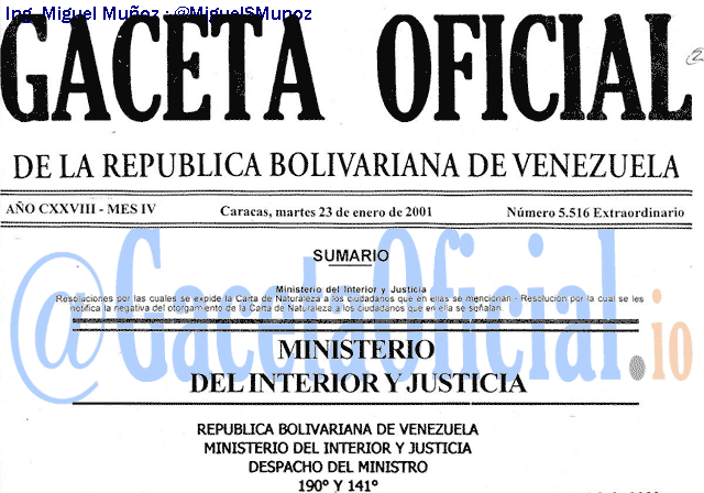 Gaceta Oficial 5516 del 23 Enero 2001