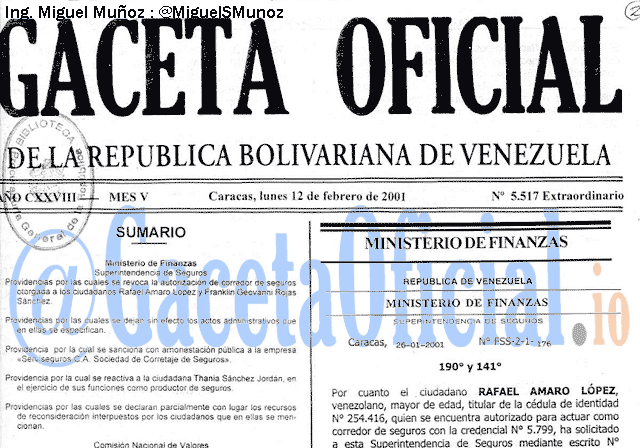 Gaceta Oficial 5517 del 12 Febrero 2001