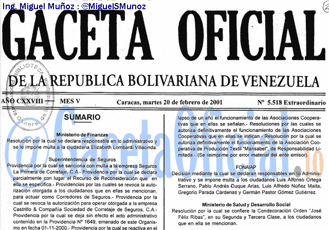 Gaceta Oficial 5518 del 20 Febrero 2001