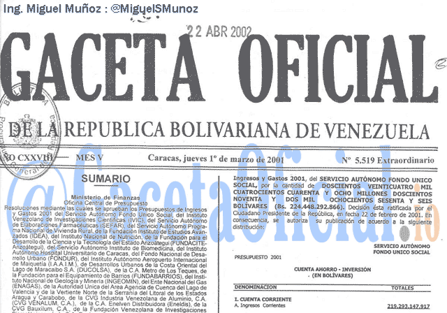 Gaceta Oficial 5519 del 1 Marzo 2001