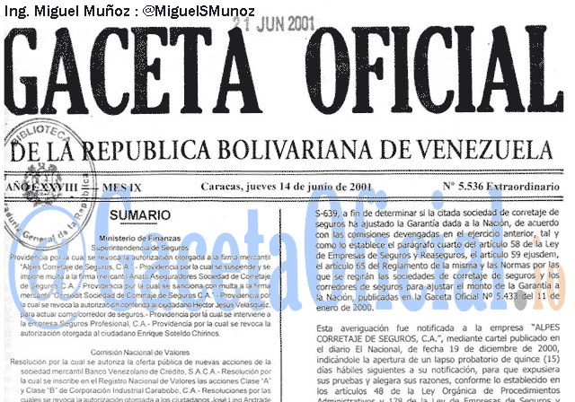 Gaceta Oficial 5536 del 14 Junio 2001
