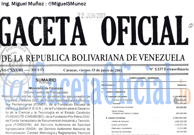 Gaceta Oficial 5537 del 15 Junio 2001