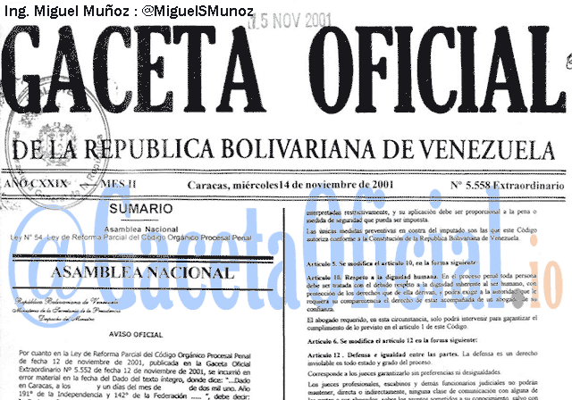 Gaceta Oficial 5558 del 14 Noviembre 2001
