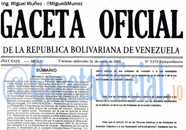 Gaceta Oficial 5571 del 16 Enero 2002