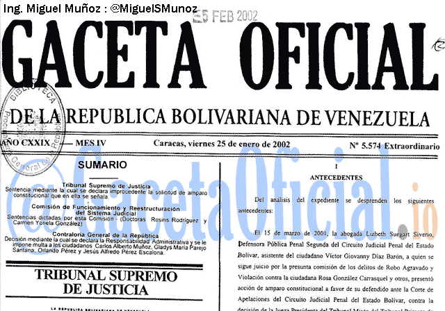 Gaceta Oficial 5574 del 25 Enero 2002