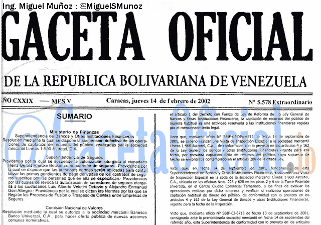Gaceta Oficial 5578 del 14 Febrero 2002