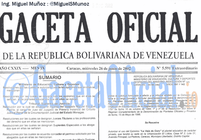 Gaceta Oficial 5591 del 26 Junio 2002