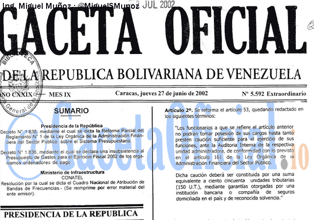 Gaceta Oficial 5592 del 27 Junio 2002