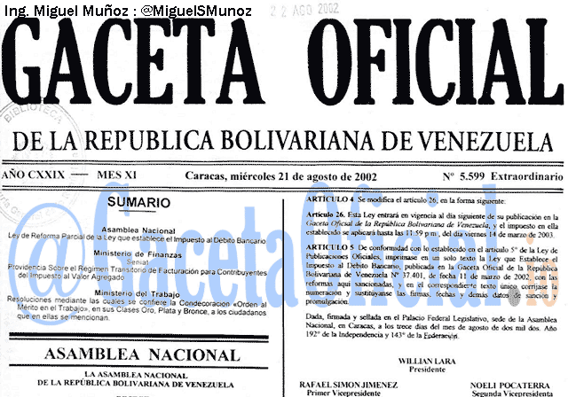 Gaceta Oficial 5599 del 21 Agosto 2002