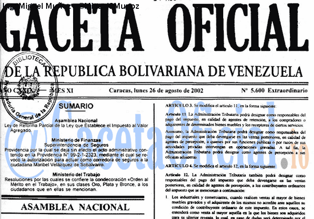 Gaceta Oficial 5600 del 26 Agosto 2002
