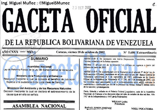 Gaceta Oficial 5606 del 18 Octubre 2002