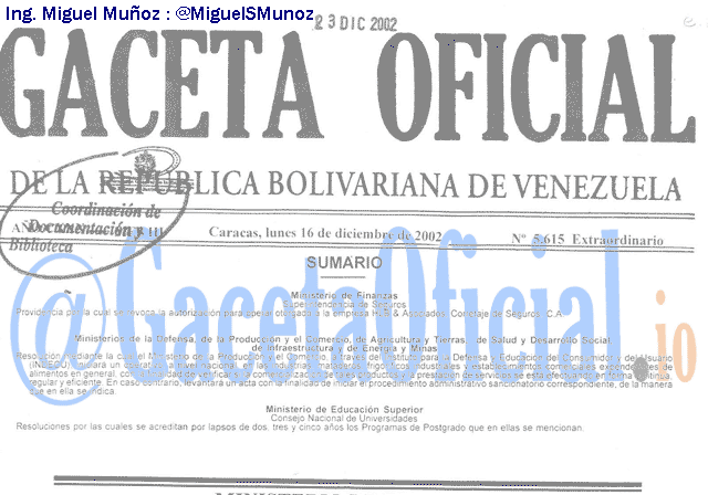 Gaceta Oficial 5615 del 16 Diciembre 2002