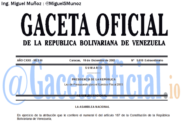 Gaceta Oficial 5618 del 19 Diciembre 2002