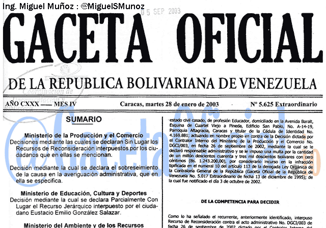 Gaceta Oficial 5625 del 28 Enero 2003