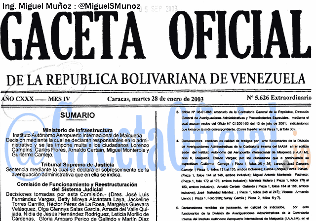 Gaceta Oficial 5626 del 28 Enero 2003