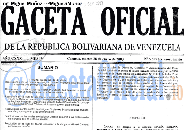 Gaceta Oficial 5627 del 28 Enero 2003