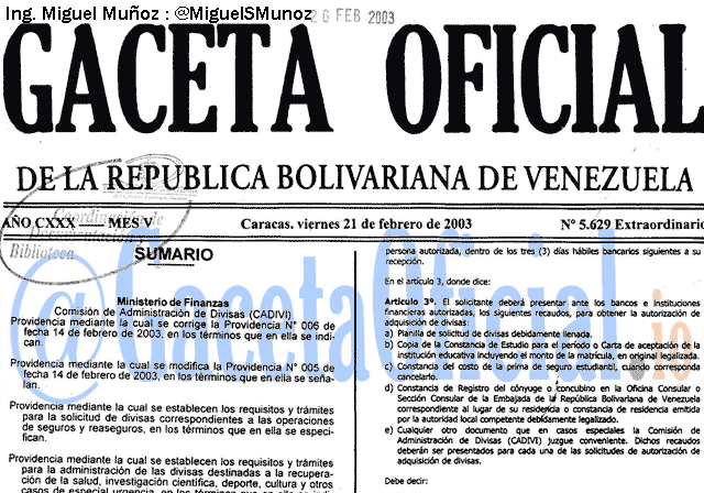 Gaceta Oficial 5629 del 21 Febrero 2003