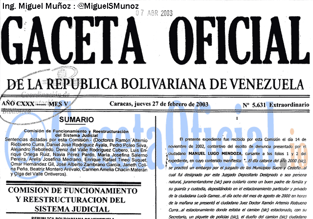 Gaceta Oficial 5631 del 27 Febrero 2003