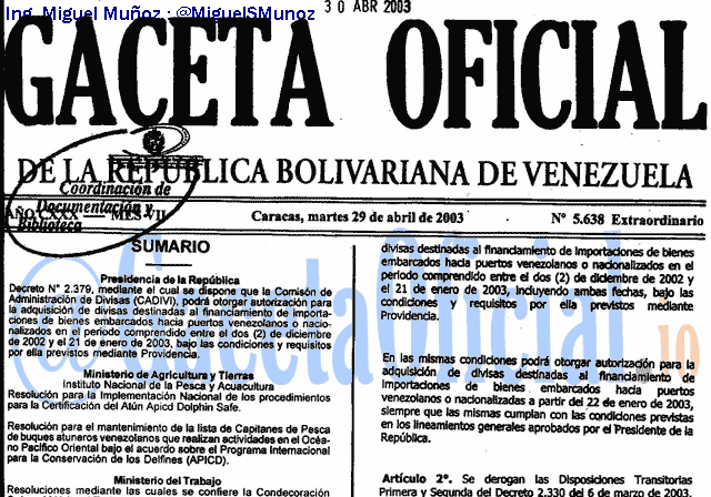 Gaceta Oficial 5638 del 29 Abril 2003