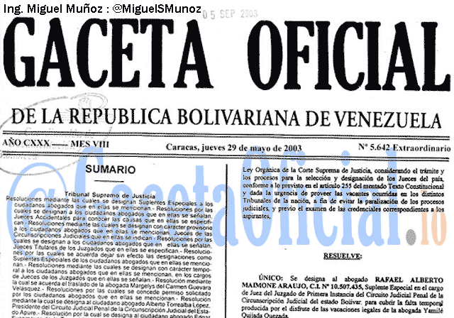 Gaceta Oficial 5642 del 29 Mayo 2003