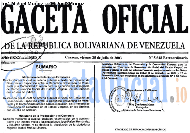 Gaceta Oficial 5648 del 25 Julio 2003